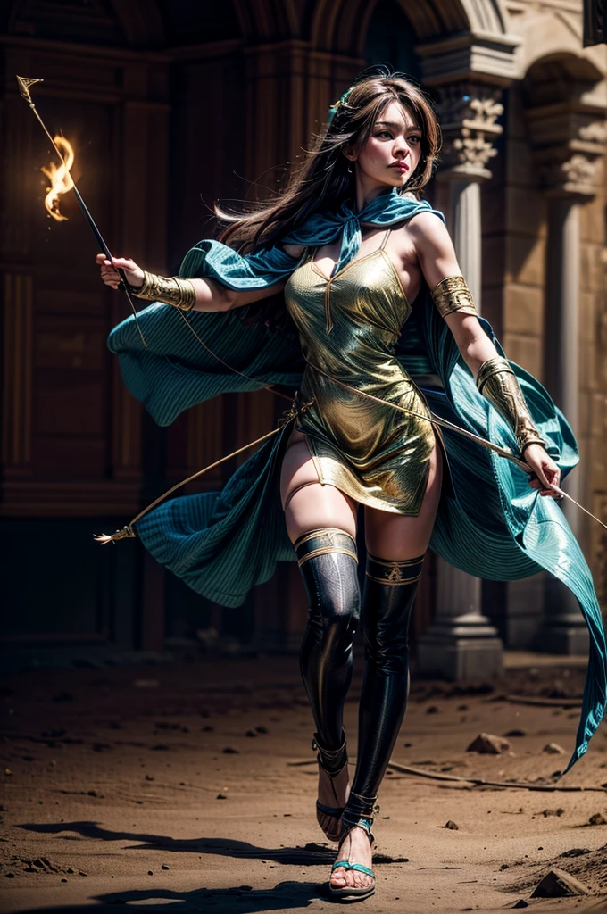 A female archer wielding a bow. She wears a gold dress with a blue and green gemstone. Desert background. Blush and black eyeliner. Front view. Round breast, full body