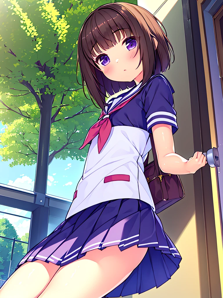 (High quality), (masterpiece), (very detailed), girl, (very small bust), short brown hair, purple eyes, shy face, (primary school loli), showing her thighs, on the school yard, sunny, camera angle from below, adorable eyes, (primar school uniform)