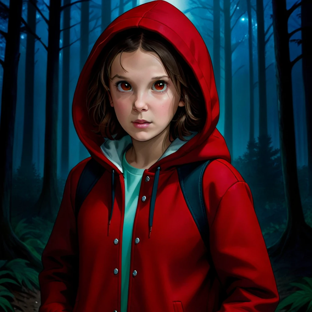 milli3 femme, millie bobby brun, 1 fille portant une veste et une capuche rouges, Netflix, des choses étranges, Onze, dans une forêt sombre, vue de face.