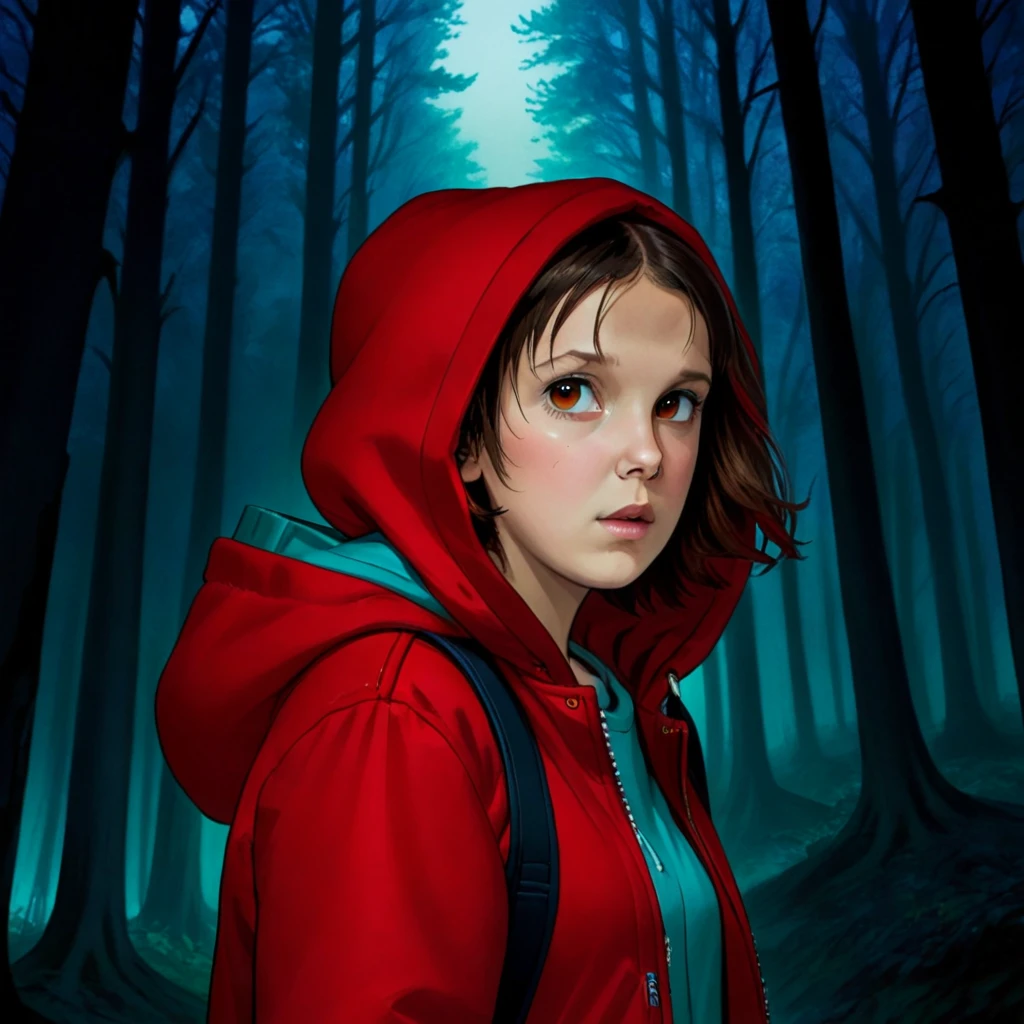 mujer mili3, Millie Bobby Brown, 1 niña con chaqueta roja y capucha., Netflix, cosas extrañas, Once, en un bosque oscuro, vista frontal.