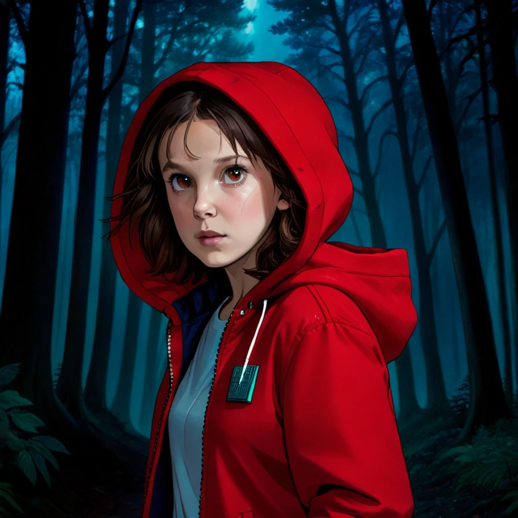 mulher mili3, Millie Bobby Brown, 1 garota vestindo jaqueta vermelha e capuz, netflix, coisas estranhas, Onze, em uma floresta escura, vista frontal.