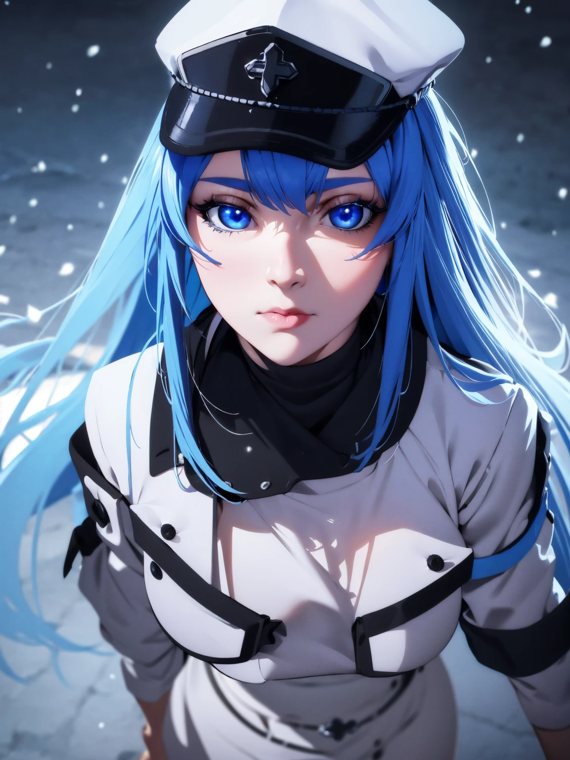 a girl with long blue hair, blue eyes, blue eyelashes, big breasts, white sweatshirt with a hat, walking, upset, on a street in Russia, snowing heavily, at night, (best quality,4k,8k,highres,masterpiece:1.2),ultra-detailed,(realistic,photorealistic,photo-realistic:1.37),HDR,UHD,studio lighting,extreme detail description,vivid colors,portrait,dramatic lighting,cold color tone