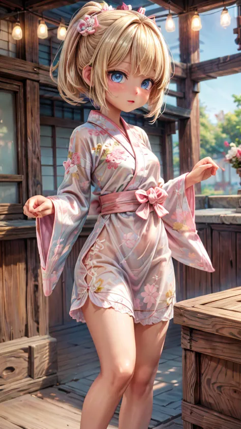 Female, Hime Cut Blonde hair, Blue eyes, brown skin, wearing a white and pink yukata