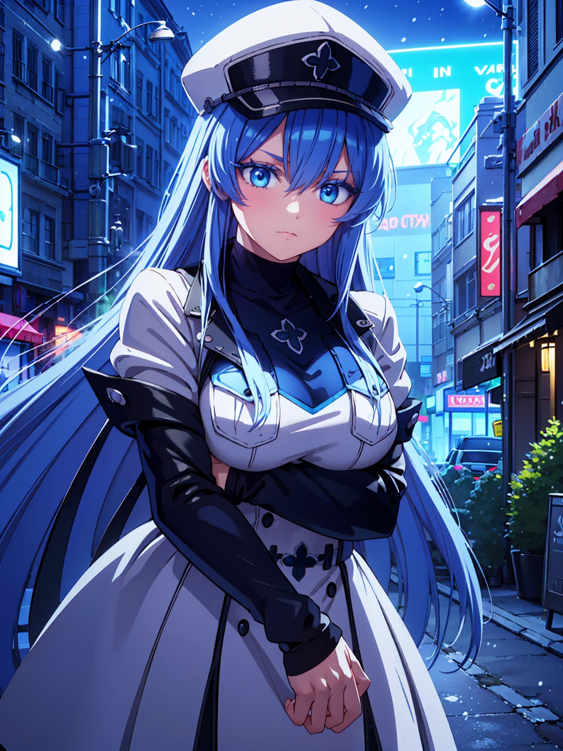 a girl with long blue hair, blue eyes, blue eyelashes, big breasts, white sweatshirt with a hat, walking, upset, on a street in Russia, snowing heavily, at night, (best quality,4k,8k,highres,masterpiece:1.2),ultra-detailed,(realistic,photorealistic,photo-realistic:1.37),HDR,UHD,studio lighting,extreme detail description,vivid colors,portrait,dramatic lighting,cold color tone