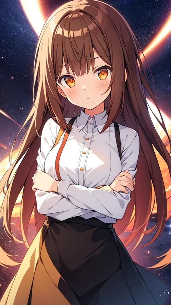 girl, Brown Hair, Orange eyes, Arms crossed, In the middle of the universe, ((Anime Style)), White shirt, Soft colors, Colorful background, Space Background, Soft Strokes