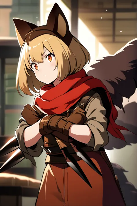 Short blonde hair, cat ears and tail to match hair color, orange eyes, wearing a red scarf, dressed like a brownish bandit, cute...