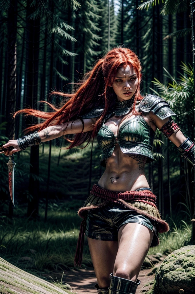 A powerful female warrior with glowing eyes and fiery red hair stands poised for battle. She wields two curved daggers, green forested background. She dons intricately designed armored gauntlets and shoulders, tribal tattoos on her leg. She wear a torn shorts. Navel piercing. Front view. 
