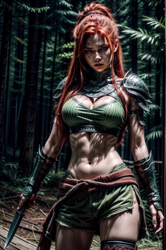 A powerful female warrior with glowing eyes and fiery red hair stands poised for battle. She wields two curved daggers, green forested background. She dons intricately designed armored gauntlets and shoulders, tribal tattoos on her leg. She wear a torn shorts. Navel piercing. Front view. 