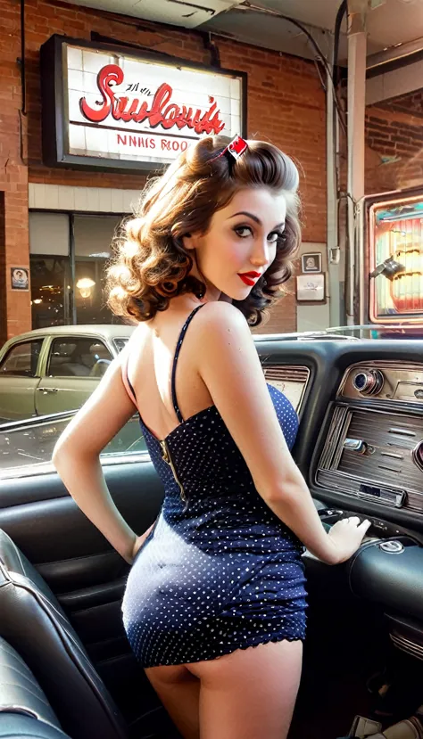 Generate a high-resolution image featuring a glamorous pin-up girl in a retro style. The girl should exude confidence and sensua...