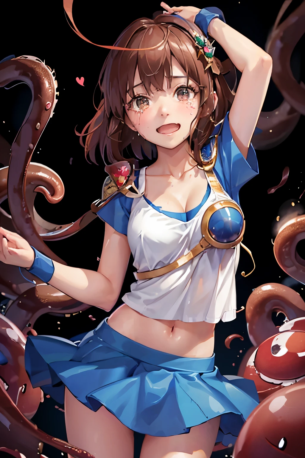 （（（ＳＦＷ、sound、Highest quality、first-clasasterpiece、Normal body、8K、Detailed face、Ultra-precision、Normal hand、Normal finger、５Finger、Highest）））、beautiful girl、Brown Hair、Bobcut、slender、low length、thin feet、arles、Puyo Puyo、Sorcerer、Blue shirt、White tank top、Blue mini skirt、blush、Dungeons、Spread your legs、Torn clothes、Torn shirt、Tattered jacket、Bilibili skirt、Skirt flipped up、Open clothes、I can see her cleavage、Pure white pants、I can see your pants、Open your mouth、Sticking out tongue、A face melting with pleasure、Drowning in pleasure、Shy appearance、Feeling embarrassed、tears、溢れるtears、Climax、Panting、White Breath、shortness of breath、Look Up、Looking up、Heart Eyes、His gaze is unsteady and his eyes are shaped like hearts、Infatuated、Hypnotic state、Brainwashed、Stop thinking、Losing the sparkle in your eyes、insane、Crazy Eyes、I'm trembling with pleasure、Tentacle Monster、Being attacked by tentacles、Princess restrained by tentacles、She is leaning forward with her arms outstretched, her arms restrained by tentacles.、Tentacles extending to the crotch、Tentacles tangled in the chest、Tentacles binding the whole body、Suspended by tentacles