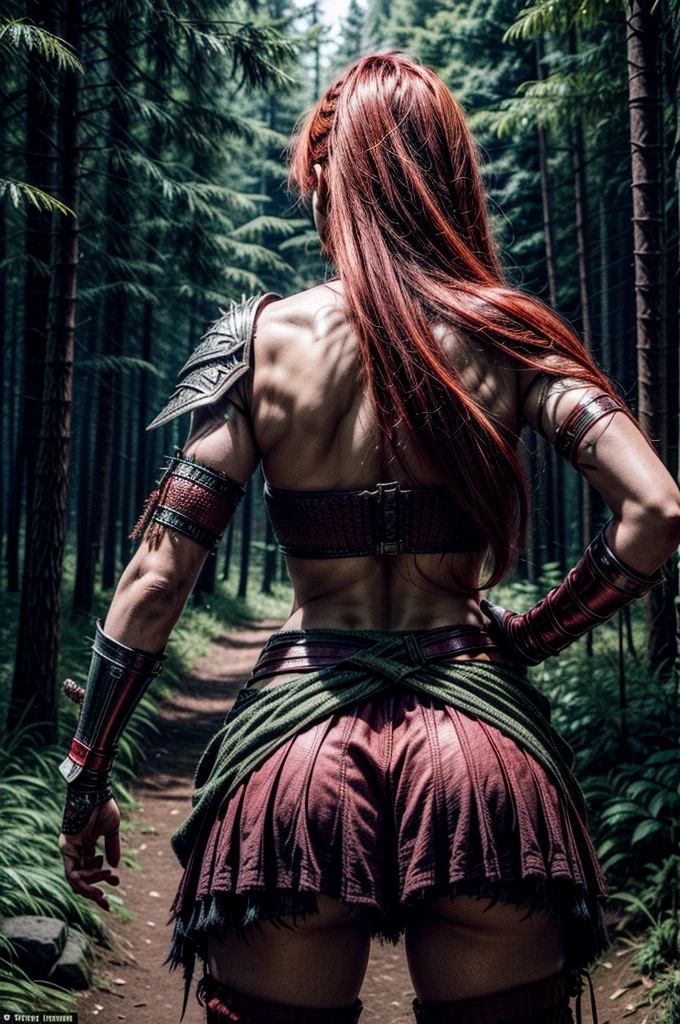 A powerful female warrior with glowing eyes and fiery red hair stands poised for battle. She wields two curved daggers, green forested background. She dons intricately designed armored gauntlets and shoulders, tribal tattoos on her leg. She wear a torn shorts. View from behind.