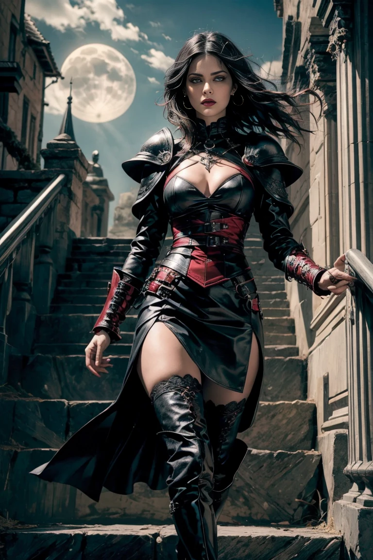 An adult vampire wizard character wearing black and red gothic armor. Your hair has a short cut. Your eyes color yellow, Magnificent, natta, Moonlight, pegue a chave, Facial expression of anger, 8K, positioned on top of a high stone, looking straight ahead, Sanctuary, Gothic city, walking down the stairs looking from above, male character, mighty, extremely detaild