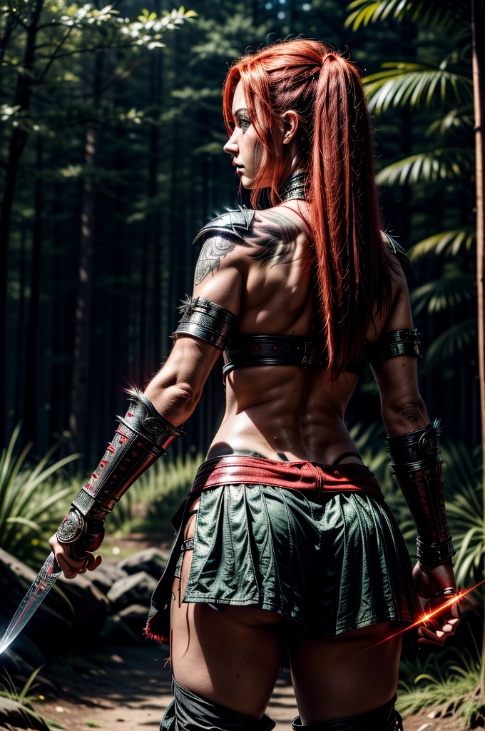 A powerful female warrior with glowing eyes and fiery red hair stands poised for battle. She wields two curved daggers, green forested background. She dons intricately designed armored gauntlets and shoulders, tribal tattoos on her leg. She wear a torn shorts. Navel piercing. View from behind. Looking back at viewer