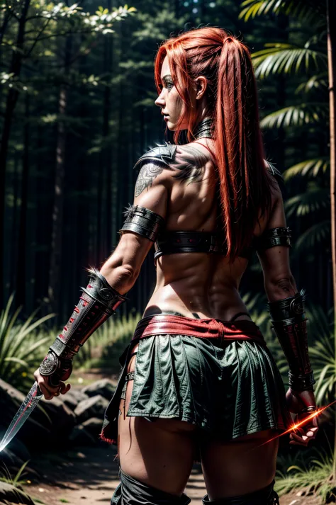 A powerful female warrior with glowing eyes and fiery red hair stands poised for battle. She wields two curved daggers, green fo...
