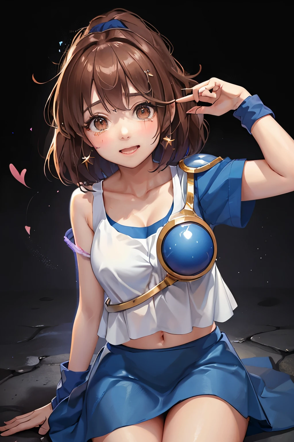 （（（ＳＦＷ、sound、Highest quality、first-clasasterpiece、Normal body、8K、Detailed face、Ultra-precision、Normal hand、Normal finger、５Finger、Highest）））、beautiful girl、Brown Hair、Bobcut、slender、low length、thin feet、arles、Puyo Puyo、Sorcerer、Blue shirt、White tank top、Blue mini skirt、blush、Dungeons、Sit down、Spread your legs、Masturbation、Torn clothes、Torn shirt、Tattered jacket、Bilibili skirt、Skirt flipped up、Open clothes、I can see her cleavage、Pure white pants、I can see your pants、Open your mouth、Sticking out tongue、A face melting with pleasure、Drowning in pleasure、Shy appearance、Feeling embarrassed、tears、溢れるtears、Climax、Panting、White Breath、shortness of breath、Look Up、Looking up、Heart Eyes、His gaze is unsteady and his eyes are shaped like hearts、Infatuated、Hypnotic state、Brainwashed、Stop thinking、Losing the sparkle in your eyes、insane、Crazy Eyes