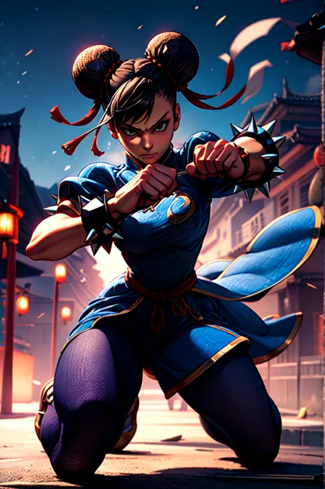 1girl, solo, full body, chun-li, dynamic posture, spike bracelet, black transparent pantyhose, fighting stance, chinese street, ...