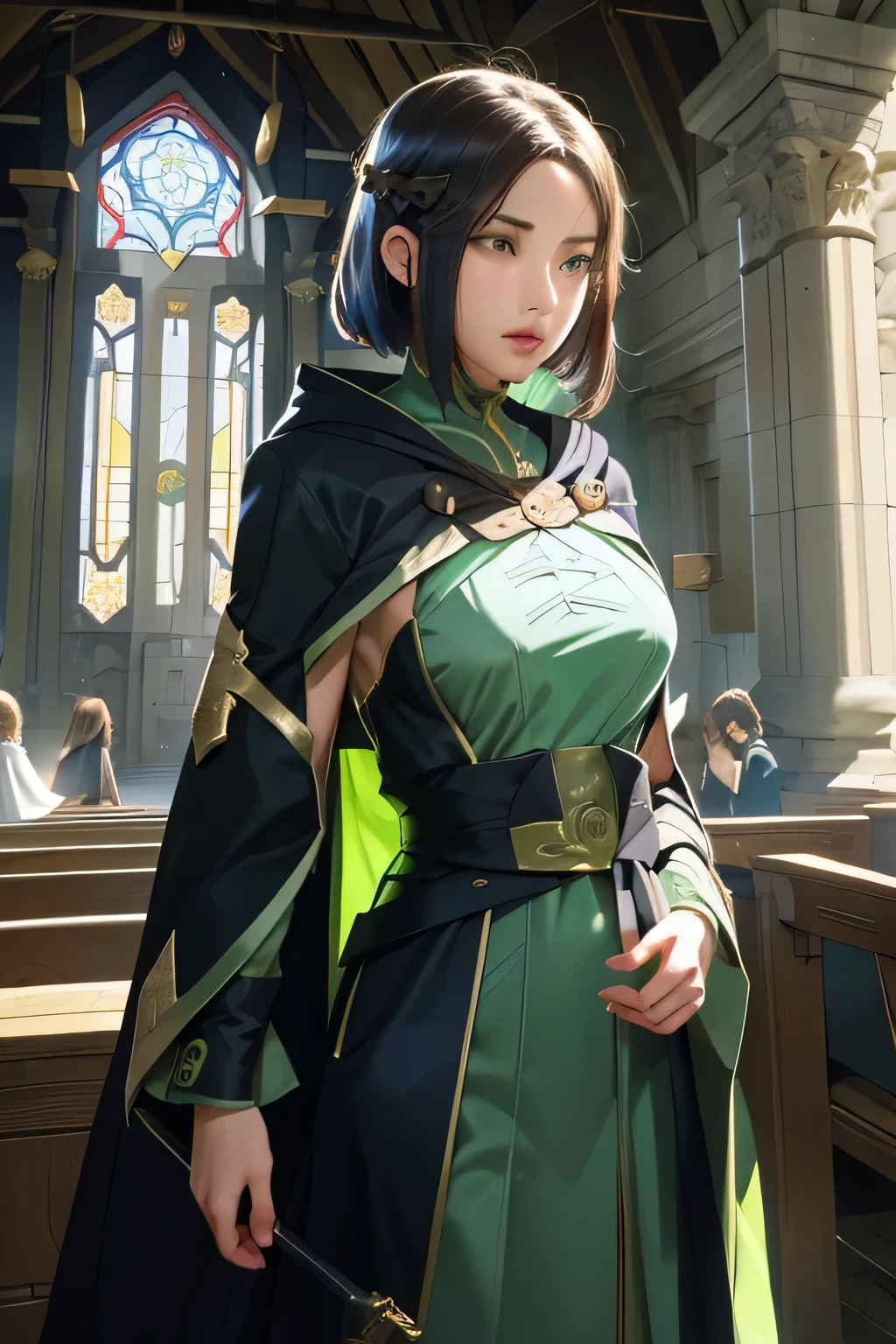 (masutepiece, Best Quality),  Intricate details,
1girl in,    VIPER \(pricing\), Green eyes, Brave Viper
 Dark Priest, White robe, cloaks, hoods, Cross, 
Tearing down the church, Indoors, temple,