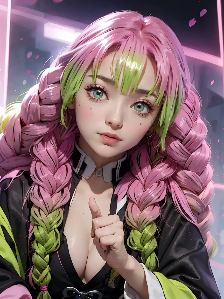 Kanroji_Mitsuri、1 girl (dominate peace、) (the highest quality)(shiny hair)(shiny skin)、(gradation fur、green、pink hair、braids:1.2)、,dynamic pose 🦋✨️❤️💜💗✨️