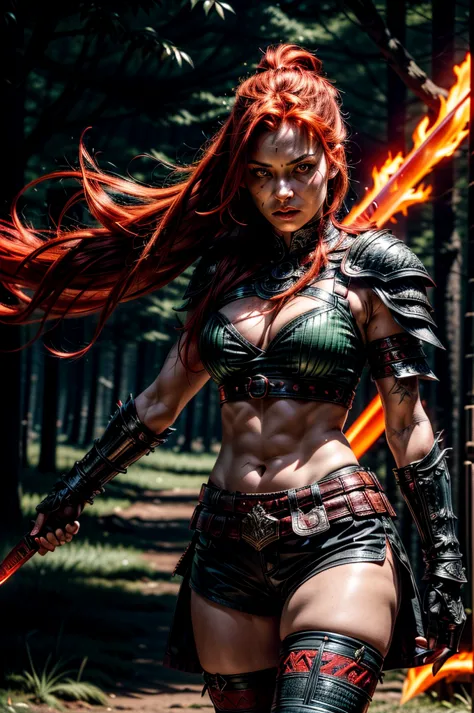 A powerful female warrior with glowing eyes and fiery red hair stands poised for battle. She wields two curved daggers, green fo...