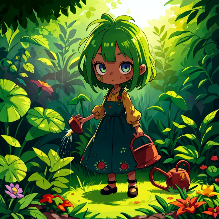chibi, zombie, watering can, plants, wide shot, full body, detailed portrait, beautiful detailed eyes, extremely detailed face, ...