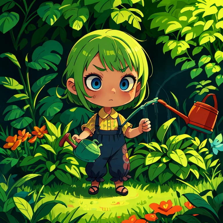 chibi, zombi, arrosoir, plantes, plan large, tout le corps, Portrait détaillé, Beaux yeux détaillés, visage extrêmement détaillé, Jardin coloré, couleurs vives, éclairage chaleureux, peinture numérique, 8k, hyperréaliste, Cinématique, détails complexes, chef-d&#39;œuvre, capture d&#39;écran d&#39;anime, 