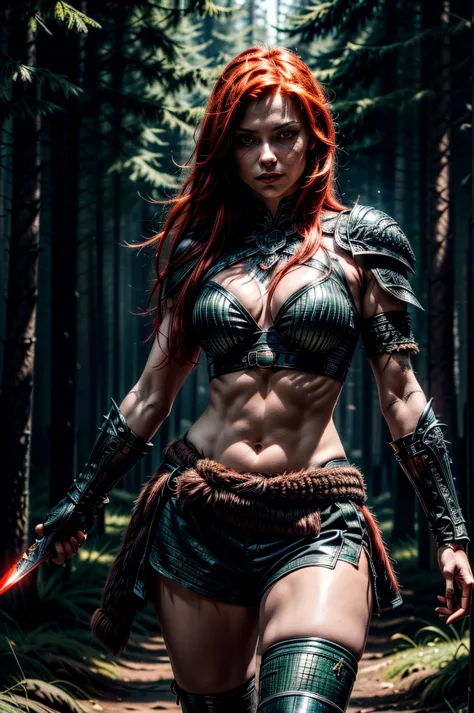 A beautiful nordic female with glowing eyes and fiery red hair stands poised for battle. She wields two curved daggers, green fo...