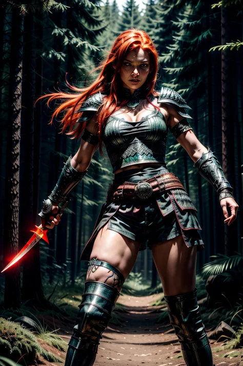 A beautiful nordic female with glowing eyes and fiery red hair stands poised for battle. She wields two curved daggers, green fo...