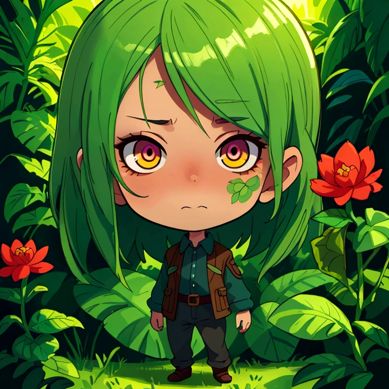 chibi, zombis contra plantas, plano general, cuerpo completo, retrato detallado, hermosos ojos detallados, cara extremadamente detallada, Jardín colorido, Colores vibrantes, iluminación cálida, pintura digital, 8K, Híper realista, cinematográfico, detalles intrincados, obra maestra, anime screencap, 