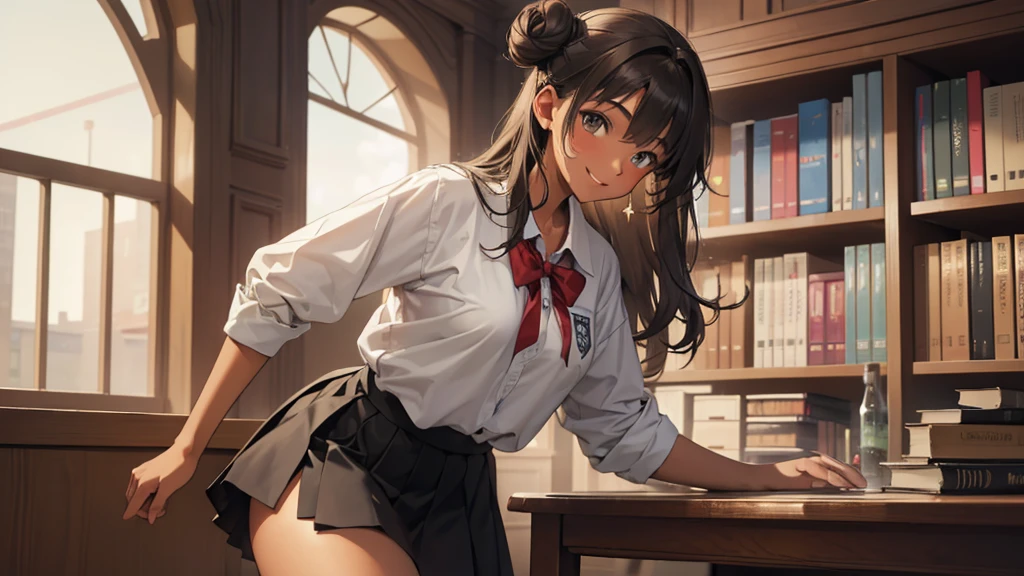(((Masterpiece, highest quality, high definition, high detail)))), (((modern))), ((Inside college library)), ((standing in library)), (((one girl))), detailed eyes, beautiful face, tomboy, student clothes, girl with dark skin, ((long black hair in a bun)), hazel eyes, blunt bangs, wearing student clothes, student skirt, blushed face, large breasts, (dark skin*0.8), (long brown + wavy hair*1.2), looking at viewer, kind look, smiling sweetly