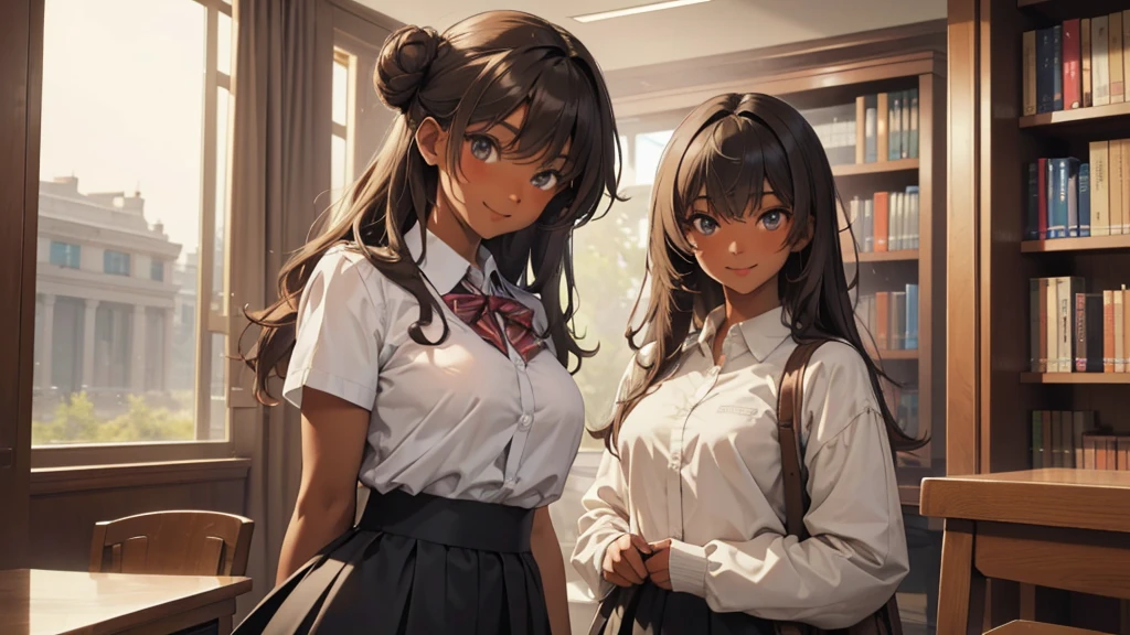 (((Masterpiece, highest quality, high definition, high detail)))), (((modern))), ((Inside college library)), ((standing in library)), (((one girl))), detailed eyes, beautiful face, tomboy, student clothes, girl with dark skin, ((long black hair in a bun)), hazel eyes, blunt bangs, wearing student clothes, student skirt, blushed face, large breasts, (dark skin*0.8), (long brown + wavy hair*1.2), looking at viewer, kind look, smiling sweetly