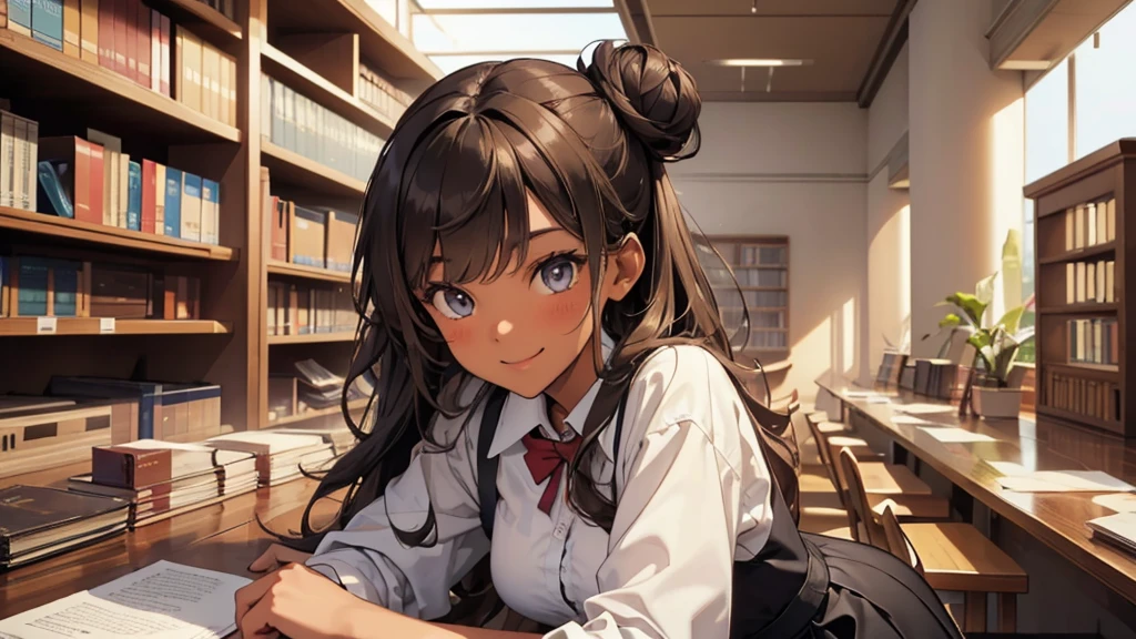 (((Masterpiece, highest quality, high definition, high detail)))), (((modern))), ((Inside college library)), ((standing in library)), (((one girl))), detailed eyes, beautiful face, tomboy, student clothes, girl with dark skin, ((long black hair in a bun)), hazel eyes, blunt bangs, wearing student clothes, student skirt, blushed face, large breasts, (dark skin*0.8), (long brown + wavy hair*1.2), looking at viewer, kind look, smiling sweetly