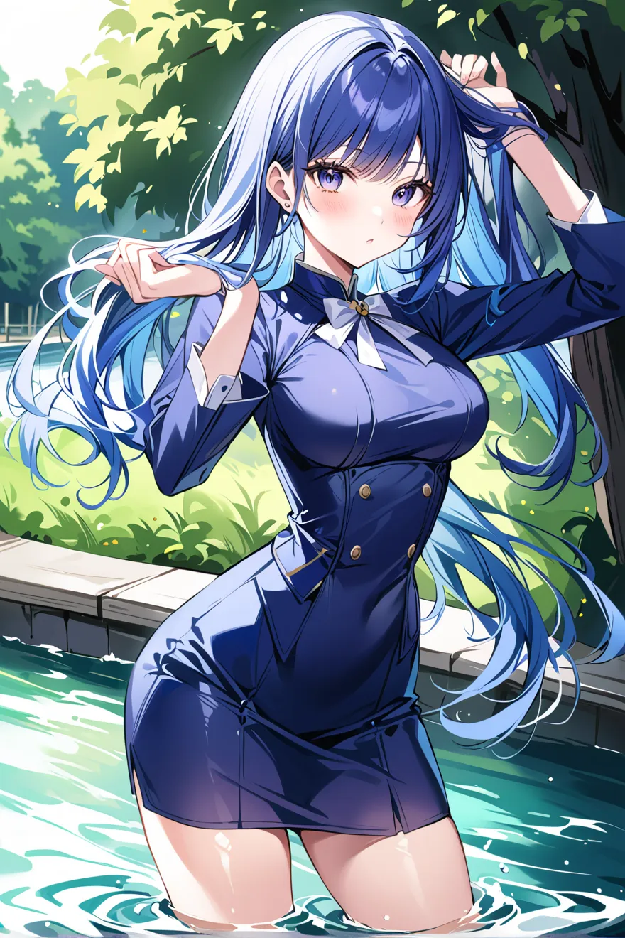 anime girl in a blue dress standing in a pool