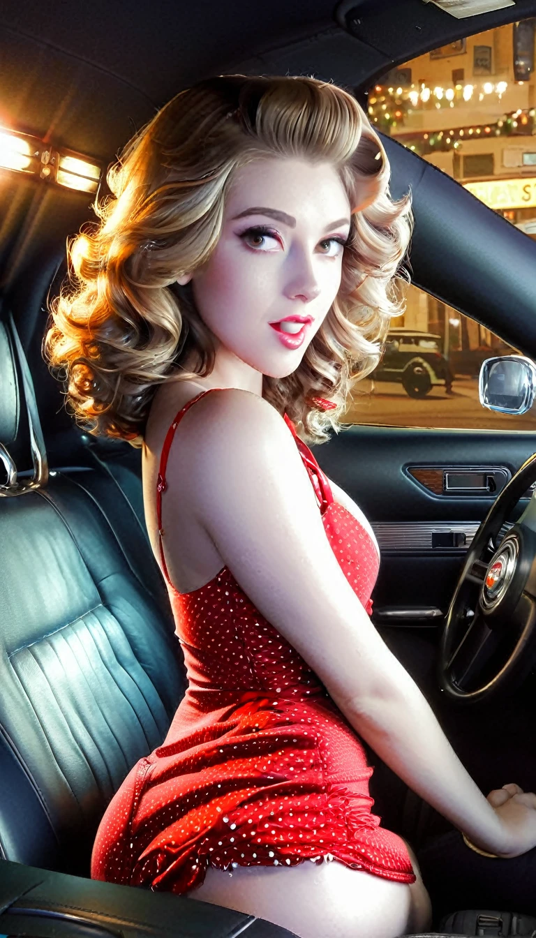 Generate a high-resolution image featuring a glamorous pin-up girl in a retro style. The girl should exude confidence and sensuality while posing in a vintage fashion reminiscent of the 1950s. Incorporate classic elements such as red lipstick, a polka-dot dress, and wavy, voluminous hair. Surround the pin-up girl with subtle cues of the era, like a hot rod car in the background and a jukebox on the side. Ensure the lighting enhances the overall aesthetic, giving the image a warm, nostalgic feel. Capture the essence of classic pin-up art with a modern twist, combining allure and timeless elegance.