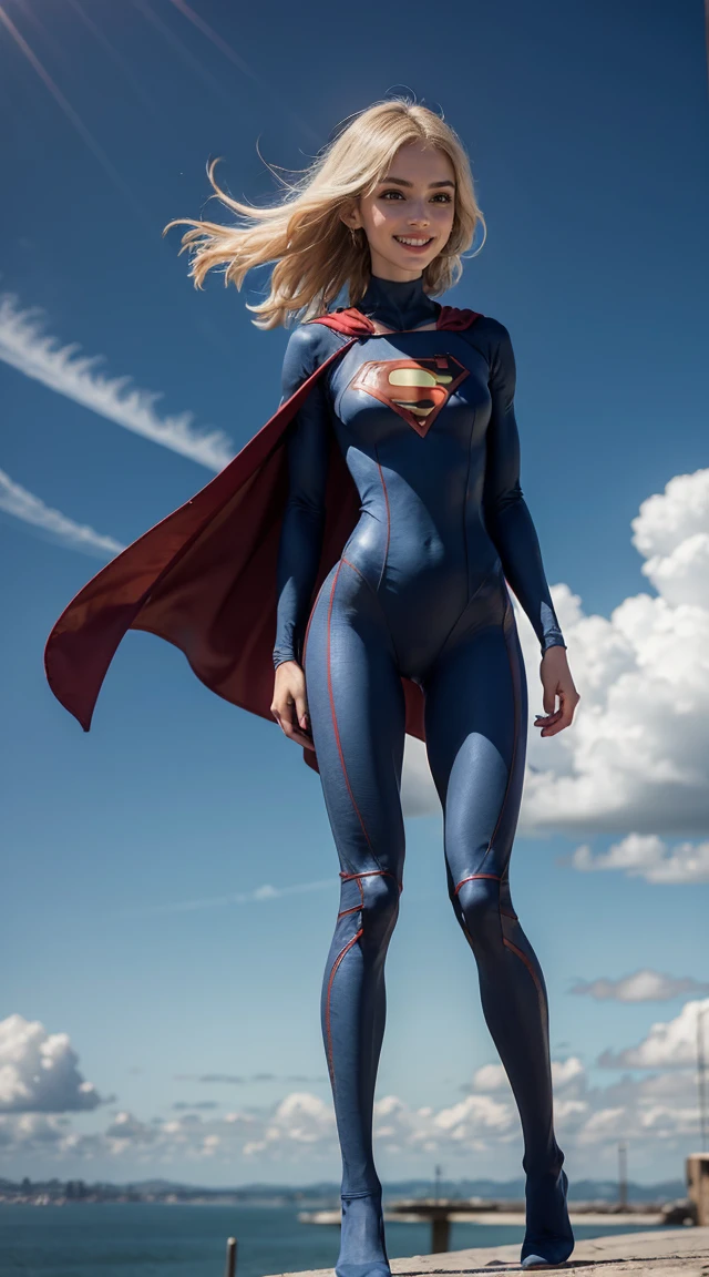 (Muscular:1.8), (thick thighs:1.8),
blonde female, (supergirl), (big smile:1.5), blunt bangs, (ponytail:0.7),
earrings, lipstick, eyeshadow,
hard nipples,
(full body suit, blue bodysuit:1.8), (small cape:1.3),
looking at viewer, three quarter view, (upper body view:2),
(floating, in midair, sky and clouds background:1.3), rim lighting, two tone lighting, dim lighting, bokeh, detailed skin, detailed eyes