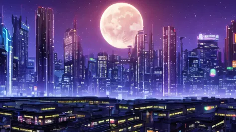 a futuristic punk city with a lot of buildings and neon lights, a train crossing the city with neon lights, the moon is in the s...