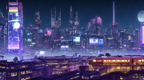 a futuristic punk city with a lot of buildings and neon lights, a train crossing the city with neon lights, the moon is in the s...