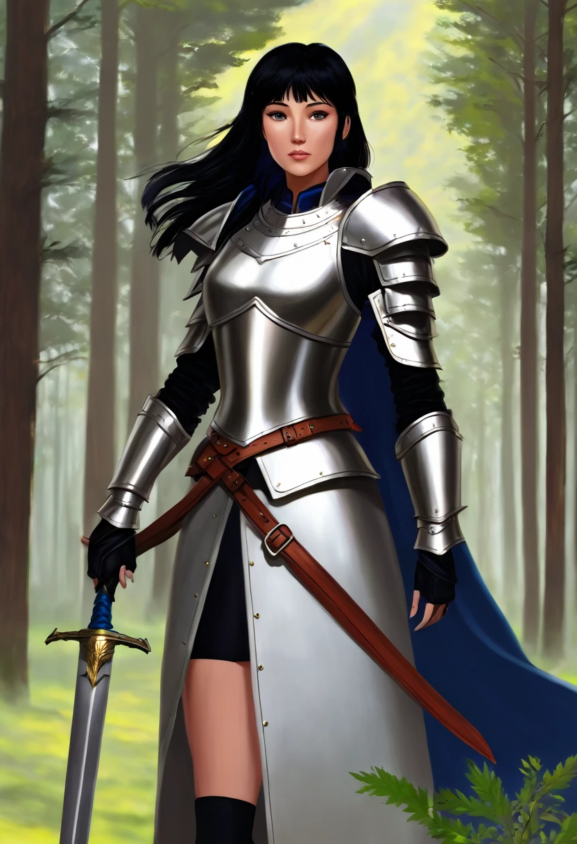 forest, 1 woman, black hair, gray eyes, Armor, Tall,