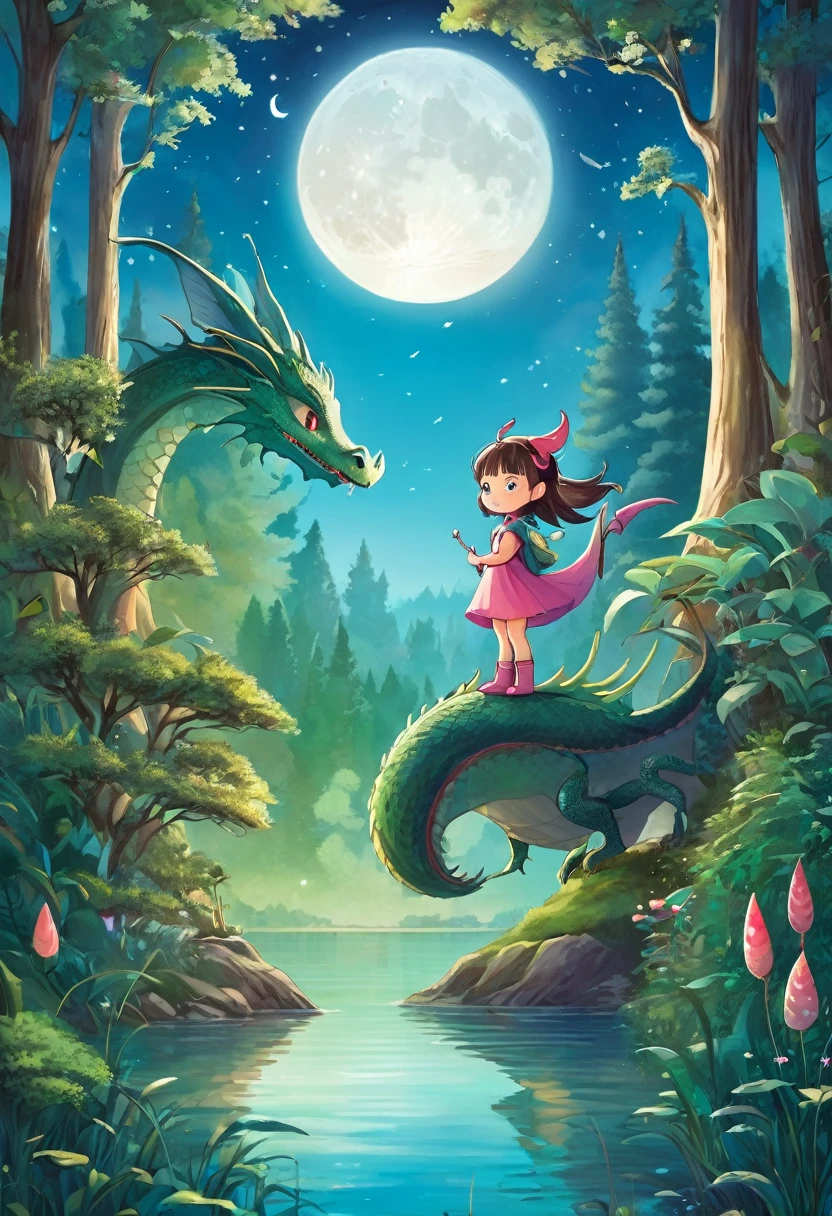 Forest background with large lake, 1 girl about 5 years old, Cute dragon, bright moon