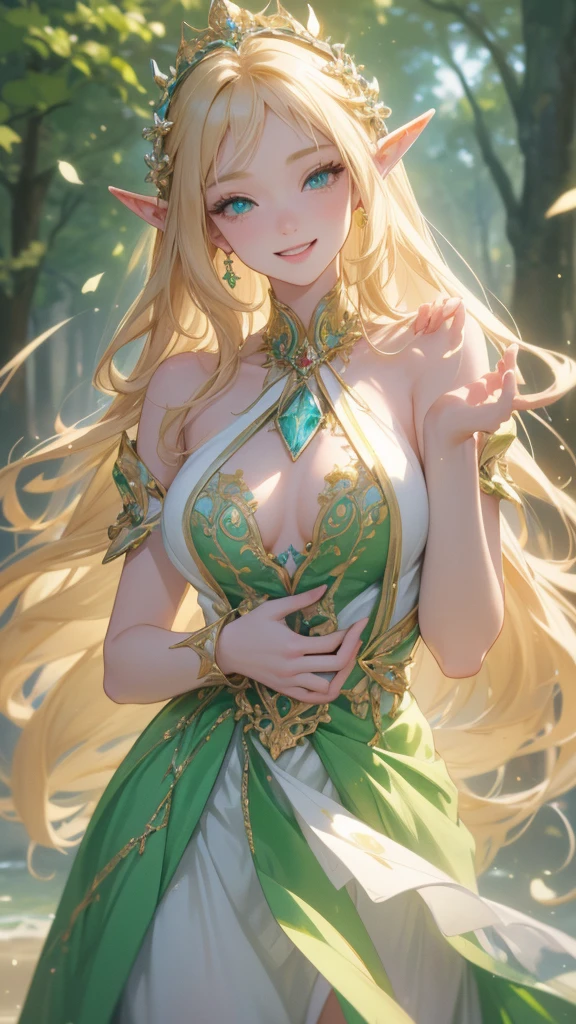  work of art, epic details, ultra detaild, best resolution, blonde, (BEAUTIFUL ELF), crown with crystals ((rosto angelical)), sculptural body, clothes made with green leaves, ((perfect hands))), ((expression of happiness)), (Grinning), great smile, Simple smile, scenario:Enchanted Forest, supper: secret Garden