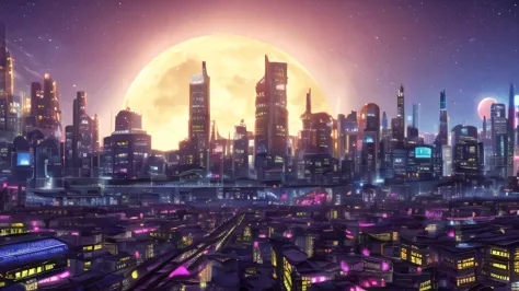 a futuristic punk city with a lot of buildings and neon lights, a train crossing the city with neon lights, the moon is in the s...