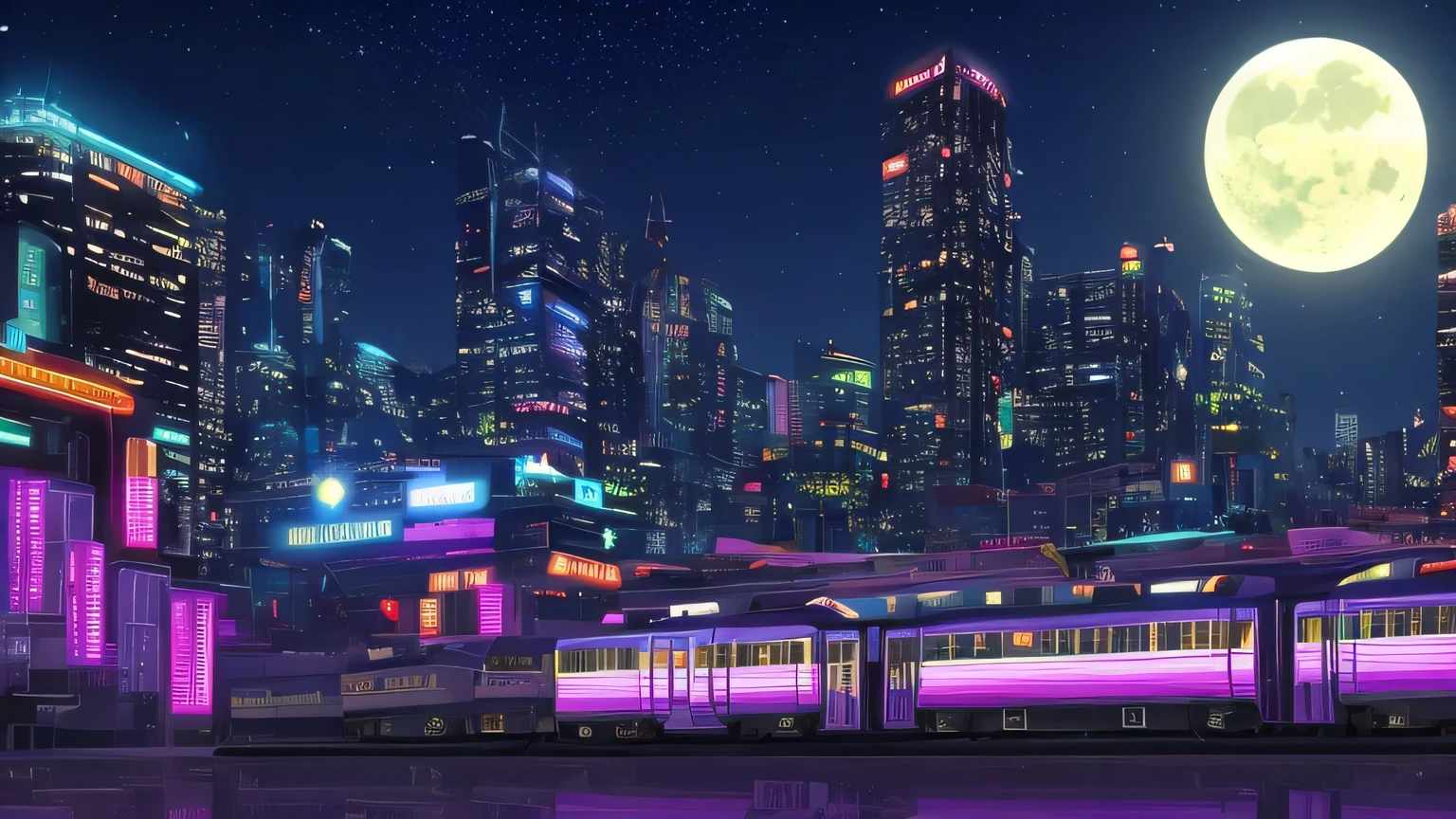 a futuristic punk city with a lot of buildings and neon lights, a train crossing the city with neon lights, the moon is in the sky and there are a lot of stars