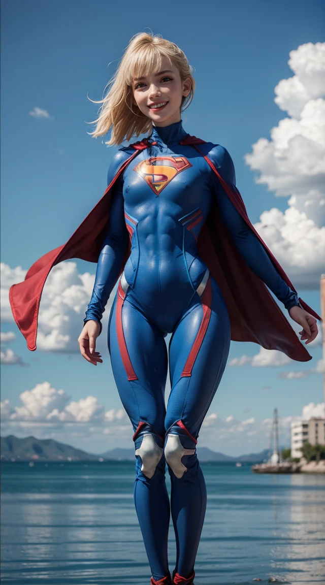 (Muscular:2.1), (thick thighs:1.8),
blonde female, (supergirl), (big smile:1.5), (blunt bangs), (ponytail),
earrings, lipstick, eyeshadow,
hard nipples,
(full body suit, blue bodysuit:1.8), (small cape:1.3),
looking at viewer, three quarter view, (upper body view:2.5),
(floating, in midair, sky and clouds background:1.3), rim lighting, two tone lighting, dim lighting, bokeh, detailed skin, detailed eyes