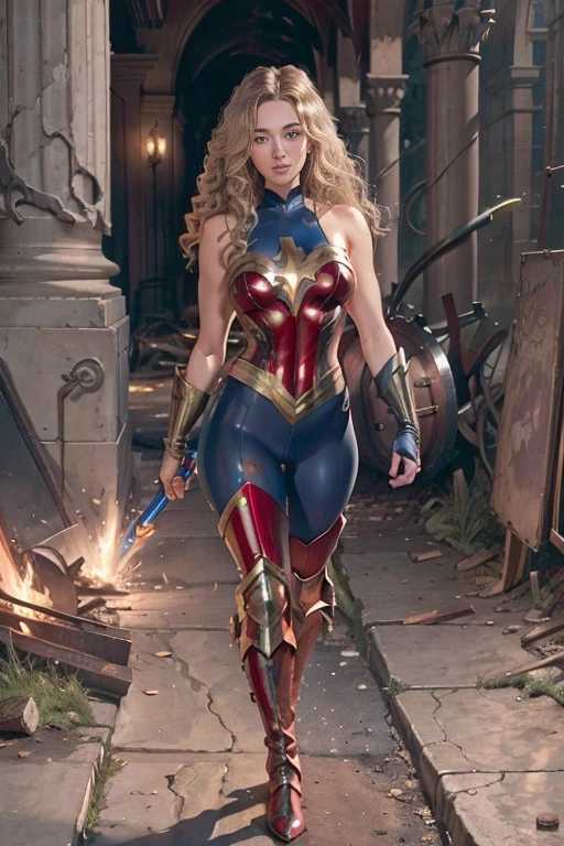 Brec Bassinger, la super-héroïne au corps entier, dans le rôle de Wonder Girl, avec de longs cheveux blonds ondulés, des yeux bleus, une bouche rouge, un corps grand et musclé, une poitrine ronde et volumineuse, des épaules larges, un pantalon en cuir serré, bleu métallique et brillant., bleu métallisé brillant court plongeant sans manches bottes bleues robe héros pose même une nuit terrifiante dans une cathédrale gothique en ruine, un panache semi-sombre d&#39;octane clair rend photoréaliste 