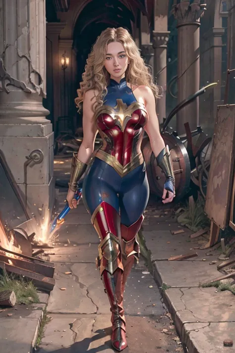 full body superheroine brec bassinger as  wonder girl blonde long wavy hair blue eyes red mouth tall muscular body big round bre...