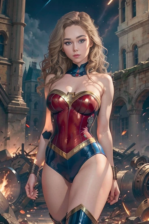 Die vollendete Superheldin Brec Bassinger als Wonder Girl mit blonden, langen, welligen Haaren, blauen Augen, rotem Mund, großem, muskulösen Körper, großen runden Brüsten, breiten Schultern und blauen, metallisch glänzenden, engen Lederhosen., blau metallic glänzend kurze tief ausgeschnittene ärmellose Tops blaue Stiefel Kleid Heldenpose sogar eine schreckliche Nacht in einer zerstörten gotischen Kathedrale, eine halbdunkle Wolke aus Licht Oktan rendern fotorealistisch 