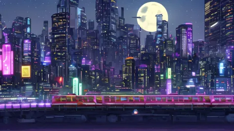 a futuristic punk city with a lot of buildings and neon lights, a train crossing the city with neon lights, the moon is in the s...