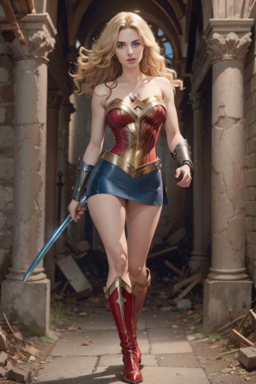 super-héroïne au corps entier Laura Marano dans le rôle de Wonder Girl blonde cheveux longs ondulés yeux bleus bouche rouge grand corps musclé gros seins ronds larges épaules bleu métallique brillant pantalon en cuir serré, bleu métallisé brillant court plongeant sans manches bottes bleues robe héros pose même une nuit terrifiante dans une cathédrale gothique en ruine, un panache semi-sombre d&#39;octane clair rend photoréaliste 