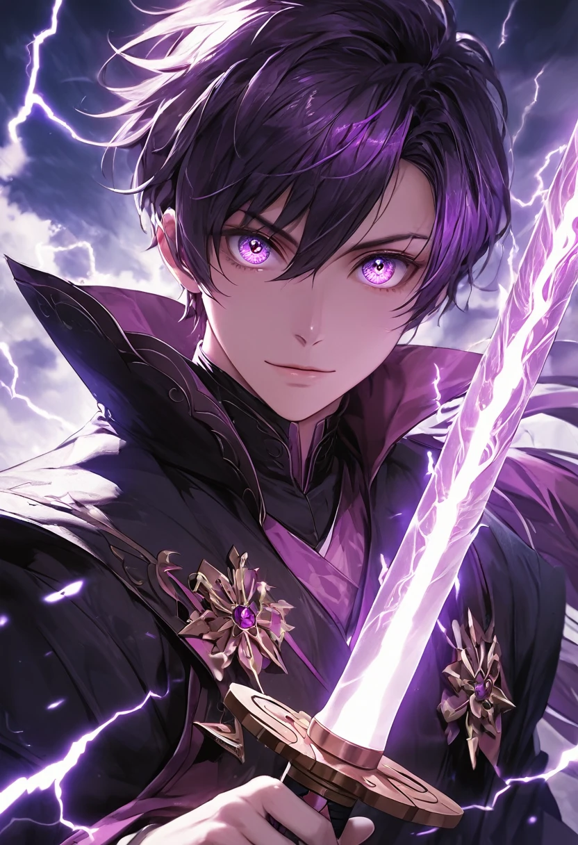 masterpiece, best quality, extremely detailed CG unity 8k wallpaper, A purple sword wrapped in lightning. It is very precisely made. An illustration of a cool girl holding an incredibly precise, high-definition, sharp, glowing sword. He is looking at you with big eyes and sharp eyes. wearing . The sword is tinged with a purple light and gives off a sense of evil. A three-dimensional illustration that gives you a sense of depth.