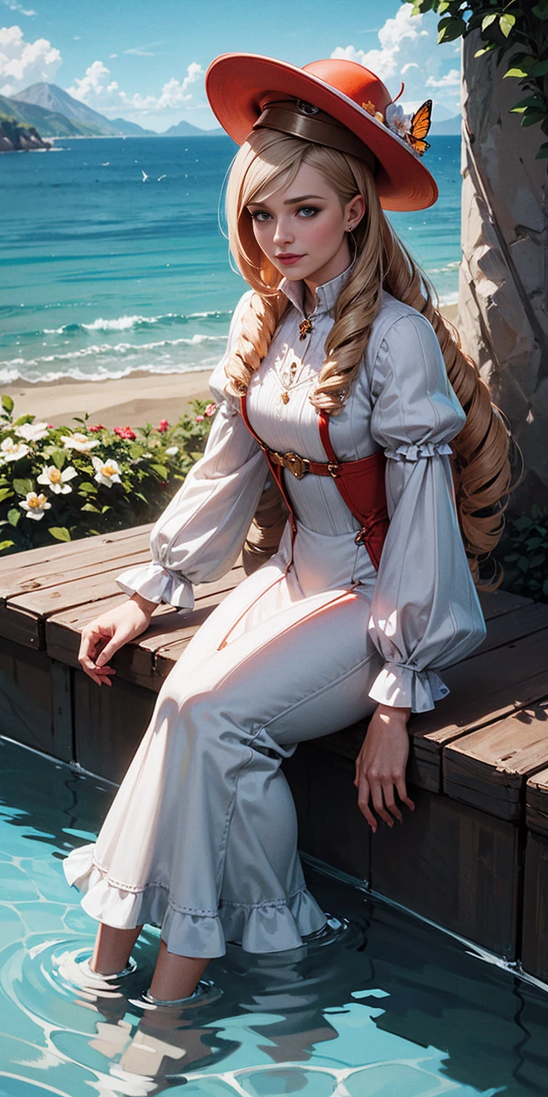 1girl, outdoors, solo, flower, blue eyes, long hair, looking at viewer, long dress, hat, ocean, dress, sitting, white flower, sky, bug, hat flower, day, bangs, butterfly, water, long sleeves, blue sky, rock, cloud, orange dress, blonde hair, horizon, orange headwear, hair ornament, closed mouth, smile, hair flower, short sleeves, looking to the side, bird, scenery, mountainous horizon, red headwear, white dress, Handcuffs on their hands, With a collar around the neck