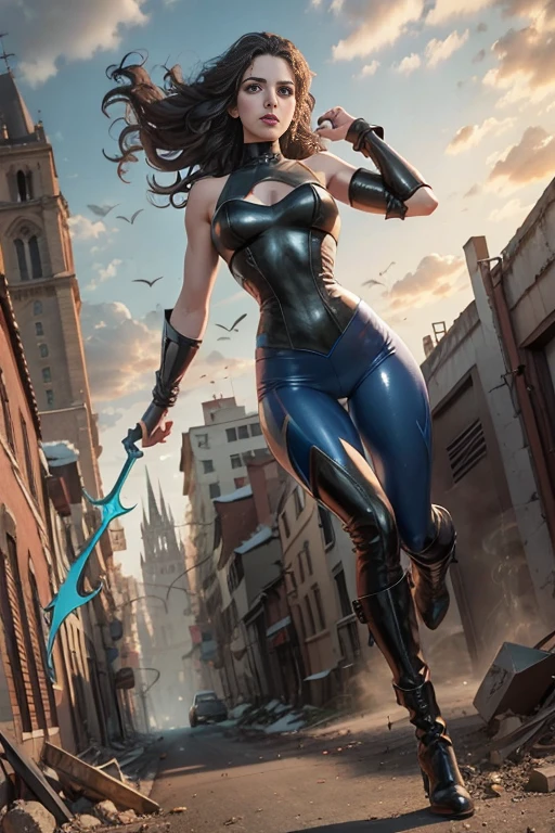 full body superheroine Laura Marano  Wonder Girl black long wavy hair blue eyes red mouth tall muscular body big round breasts broad shoulders blue metallic shiny tight leather pants, blue metallic shiny short plunging sleeveless tops blue boots dress hero pose even a terrifying night in a ruined Gothic cathedral, a semi-dark plume of light octane render photorealistic 